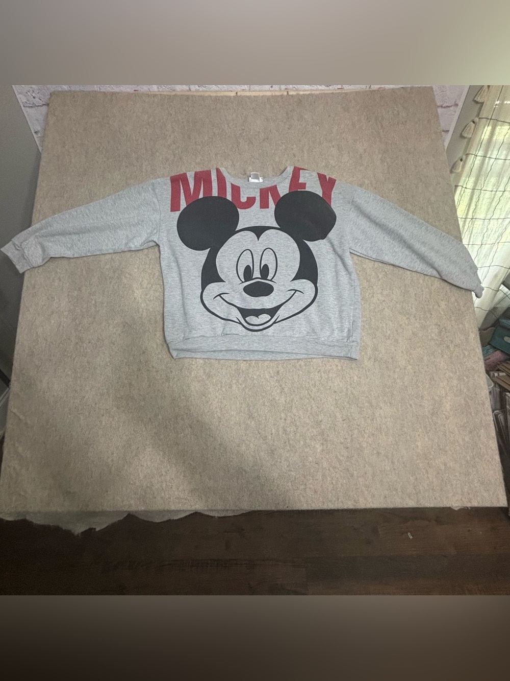 Disney Gray Sweatshirt with Large Black Mickey Face and Red Logo